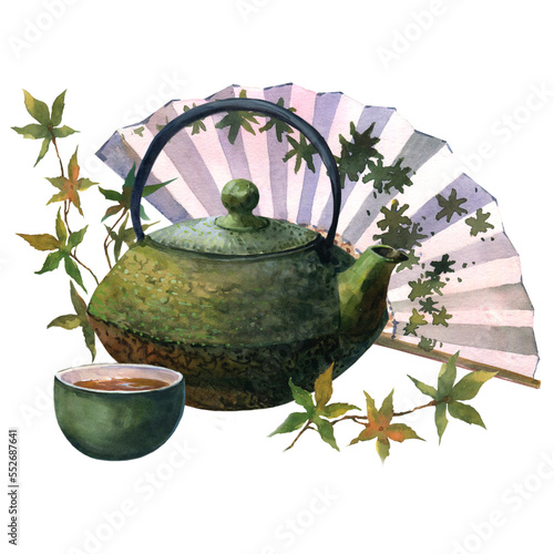 Watercolor asian tea set with dack green teapot, green cup of tea and Japan fan, isolate on white background.