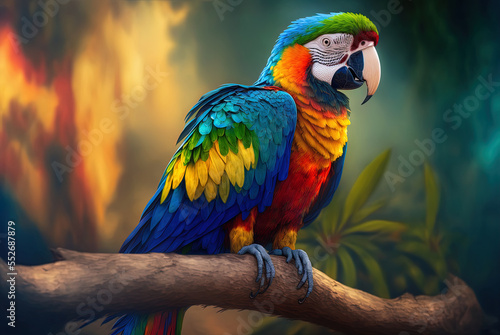 Billede på lærred Bokeh effect gives this picture of a colorful exotic parrot resting on a branch a sense of depth