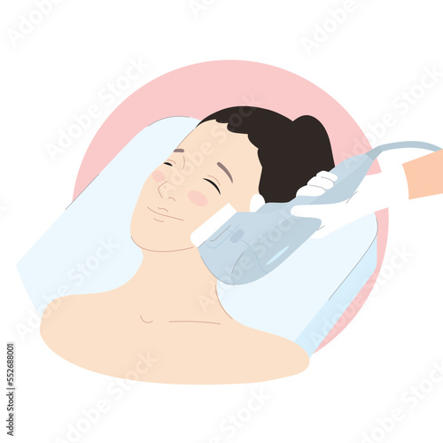 Woman getting HIFU spa treatment. High intensity focus ultrasound. SMAS ultrasound face lifting massage with professional equipment in beauty salon. Skin treat. Lifted face after procedure