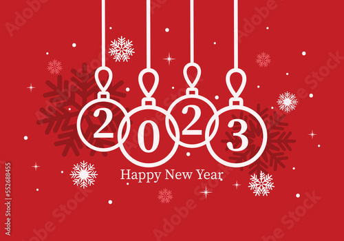 2023 Happy New Year card with winter decoration.
