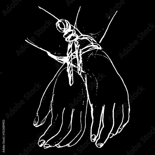 Human hands tied with a rope. Symbol of human suffering and unfreedom. Passion of Jesus Christ. Hand drawn linear doodle rough sketch. White silhouette on black background.