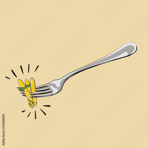 Pasta. Penne on a fork with basil and sauce, for menu and design, vector. Italian Cuisine.