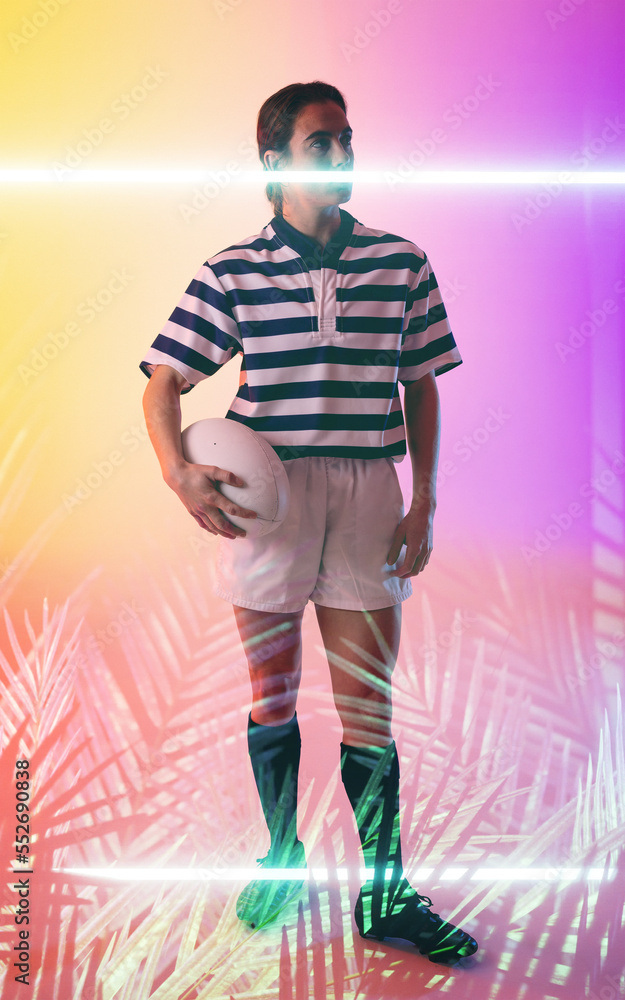 Illuminated rectangle and plants with female caucasian player standing over gradient background Illuminated rectangle and plants with female caucasian player standing over gradient background