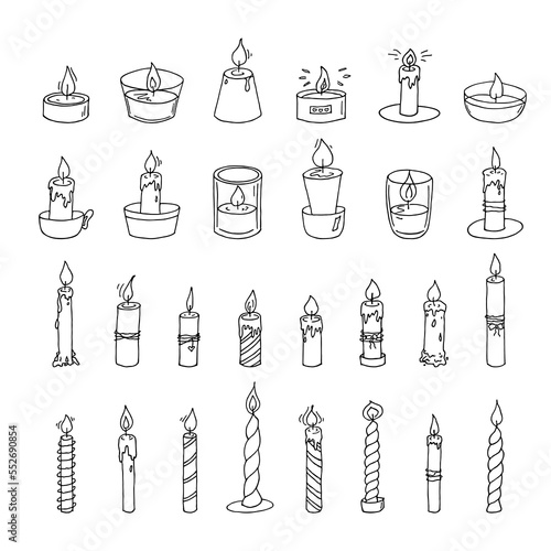Burning candle set. Doodle illustration. Hand drawn clipart for card, logo, design
