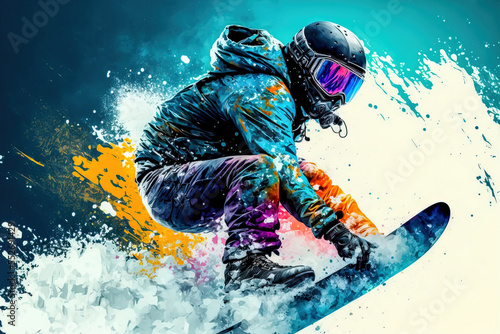 Snowboard Wintersport Extrem Abfahrt Downhill Competition Wettbewerb Tiefschnee Abfahrt Generative AI Technology Digital Art Illustration photo