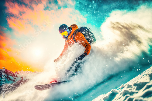 Snowboard Wintersport Extrem Abfahrt Downhill Competition Wettbewerb Tiefschnee Abfahrt Generative AI Technology Digital Art Illustration © Korea Saii