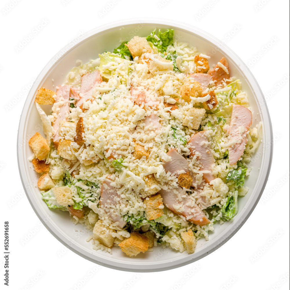 Salad caesar with chicken on white plate isolated on white background top view