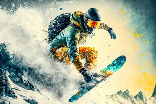 Snowboard Wintersport Extrem Abfahrt Downhill Competition Wettbewerb Tiefschnee Abfahrt Generative AI Technology Digital Art Illustration photo