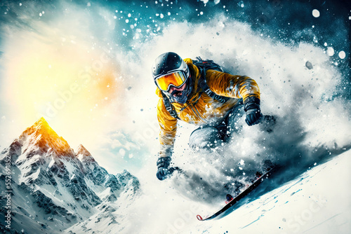 Snowboard Wintersport Extrem Abfahrt Downhill Competition Wettbewerb Tiefschnee Abfahrt Generative AI Technology Digital Art Illustration photo