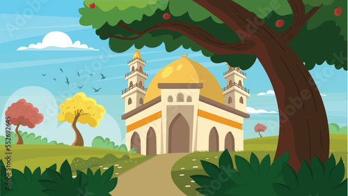 Vector illustration of Islamic mosque building with green golden in the garden.eps
