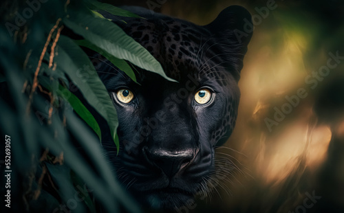 Front view of Panther on dark background. Predator series. digital art 