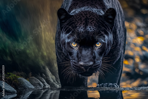 Fotografie Front view of Panther on dark background