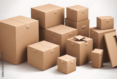 Unlabeled beige corrugated cardboard boxes of various sizes stacked upon one another on a white background. Generative AI © 2rogan