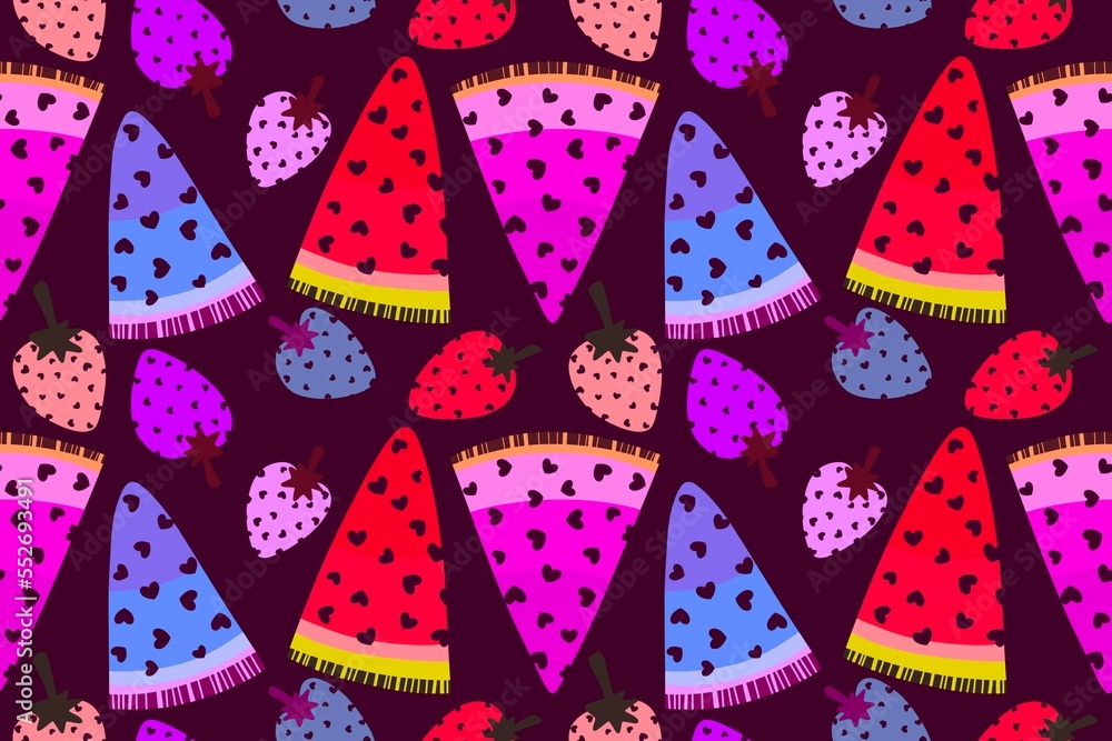 Summer cartoon kawaii fruit seamless strawberry and watermelon slices with hearts pattern for wrapping paper Summer cartoon kawaii fruit seamless strawberry and watermelon slices with hearts pattern for wrapping paper