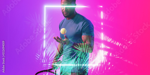 Wallpaper Mural Illuminated plants and square over african american male tennis player with ball and racket Torontodigital.ca