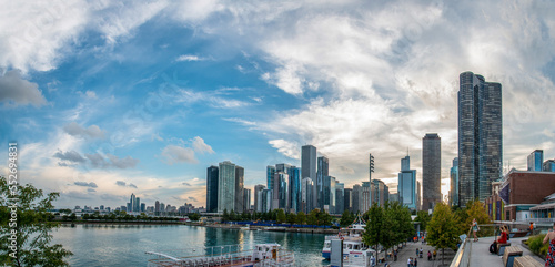 2020, SEPTEMBER 05 - CHICAGO, USA - Sunset over the skyline of Chicago, from Navy Pier