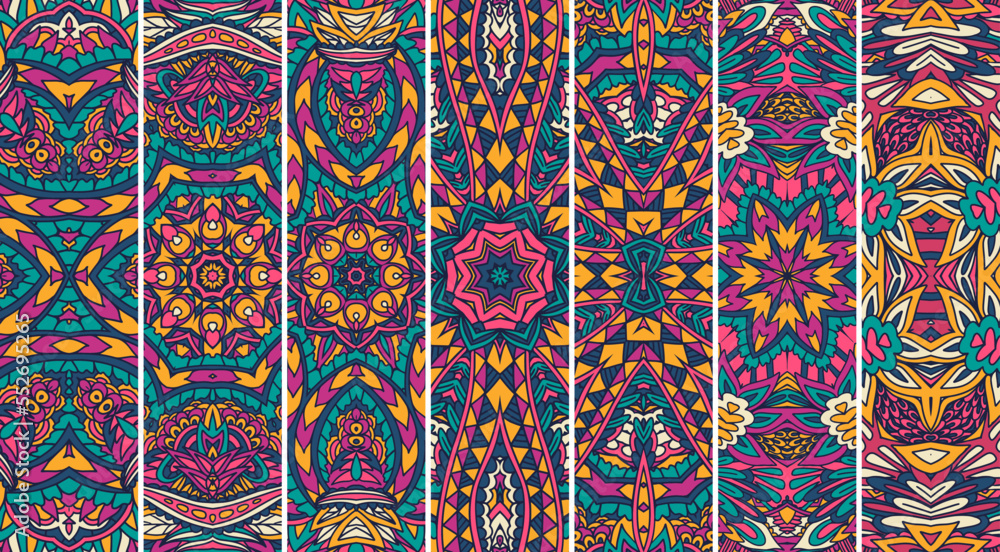 Festival Mandala pattern set with bright color psychedelic print design. Ethnic tribal banner collection
