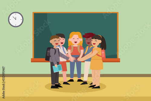 Teamwork vector concept: Group of little students join hands in the classroom while laughing together
