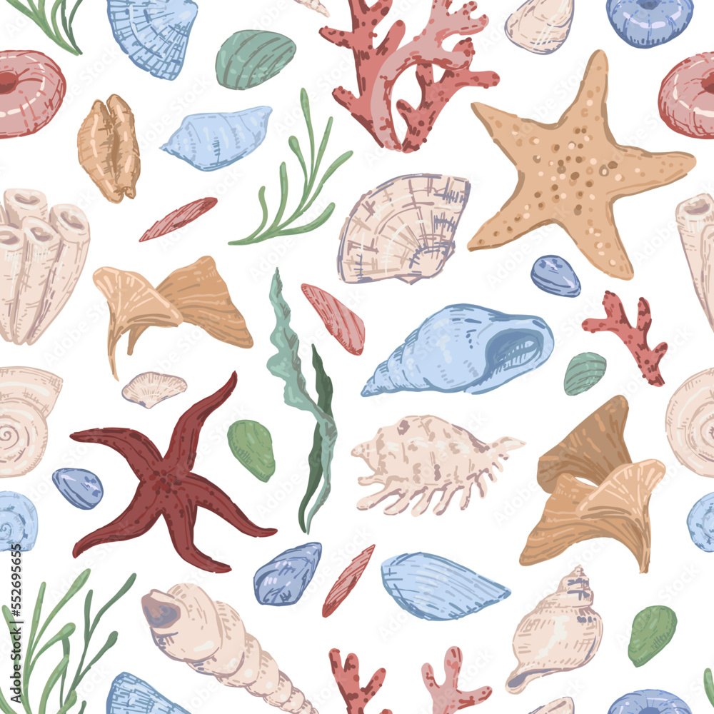 Starfishes, shells, stones, seaweed, coral, sea ornament. Abstract vector seamless pattern of underwater life. Modern style pastel colors design.