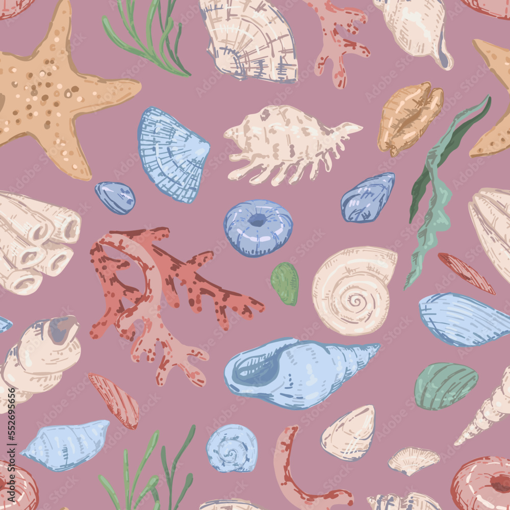 Starfishes, shells, stones, seaweed, coral, sea ornament. Abstract vector seamless pattern of underwater life. Modern style pastel colors design. Starfishes, shells, stones, seaweed, coral, sea ornament. Abstract vector seamless pattern of underwater life. Modern style pastel colors design.
