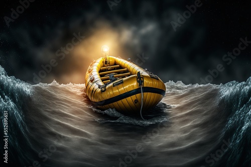 A yellow dinghy in the sea