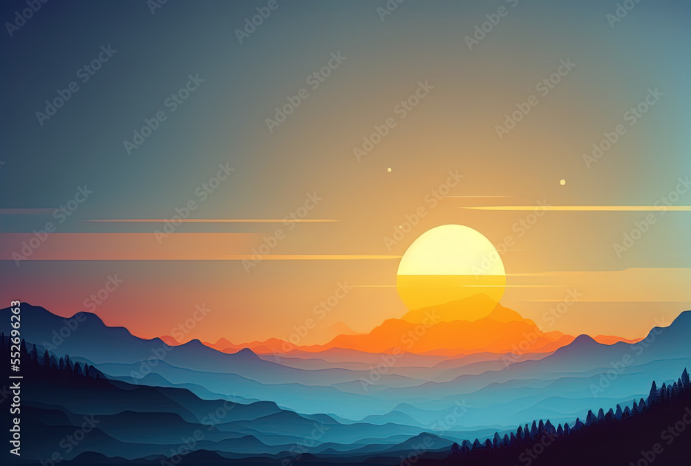sunset with a foggy blue sky background. Generative AI