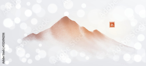 Minimalist landscape with misty mountains. Traditional oriental ink painting sumi-e, u-sin, go-hua. Translation of hieroglyph - eternity