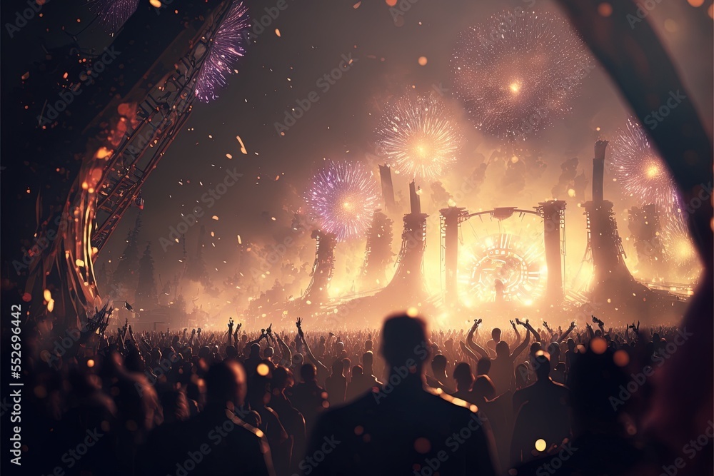 Festival Mainstage von großem fiktivem EDM Event mit Feuerwerk, Feuer, Konfetti und Crowd, 3D Rendering