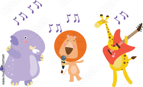 Group of animals cartoon character singing and dancing together, isolated white background