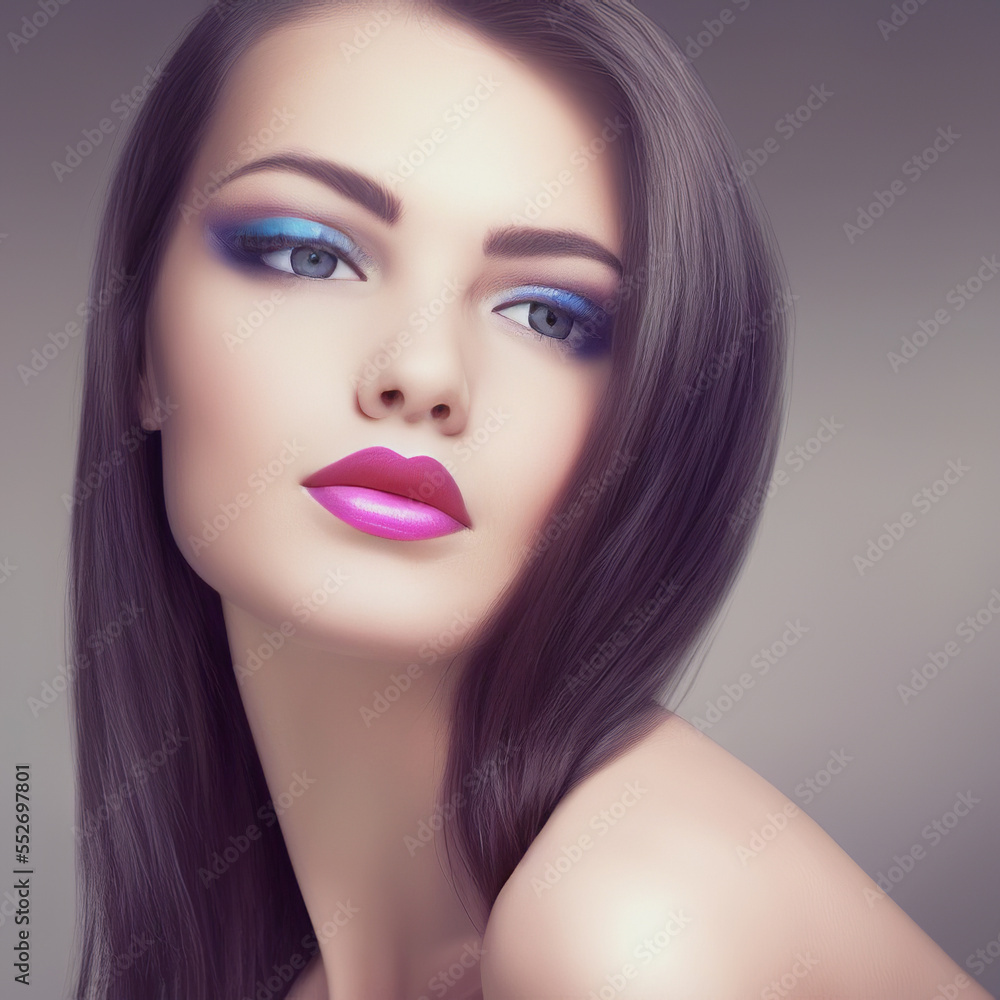 Close-up portrait of a pretty girl with make-up. AI Art. Close-up portrait of a pretty girl with make-up. AI Art.