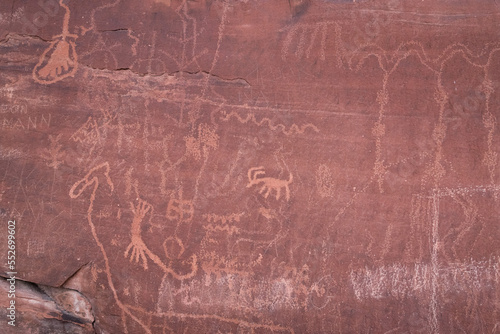 Historic petroglyphs from native Americans on Atlatl Rock in the Valley of Fire