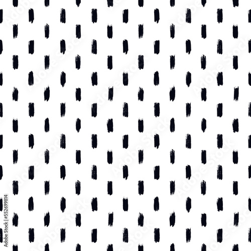 Grunge style seamless pattern. Repeated dash line motif. Modern minimal geometric surface print. Freehand brush texture