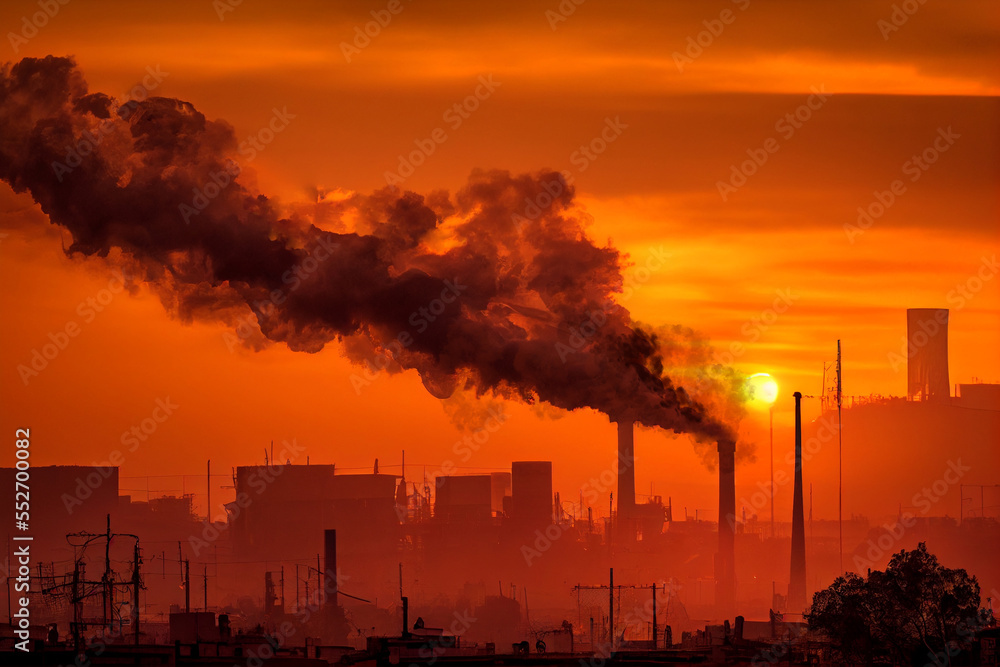 Pollution of the atmosphere, Smoking chimneys against the setting sun.
