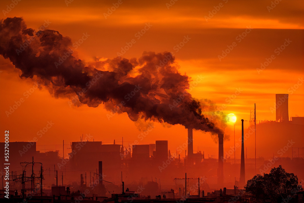 Obraz premium Pollution of the atmosphere, Smoking chimneys against the setting sun. 