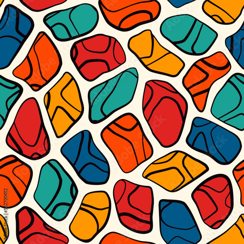 Bright mosaic seamless pattern. Giraffe animal skin print. Irregular spot motif. Colorful childish camouflage background