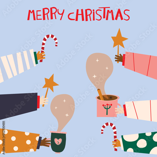 vector illustration of People's Hands with hot Drinks, lollipops and stars.  the team holds things in their hands and celebrates Christmas. congratulations