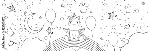 Fantastic cute unicorn sitting on a rainbow. Children's coloring book.