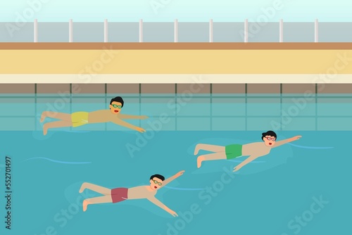 Friendship vector concept: Group of teenagers swimming together in the pool while wearing glasses © Tri
