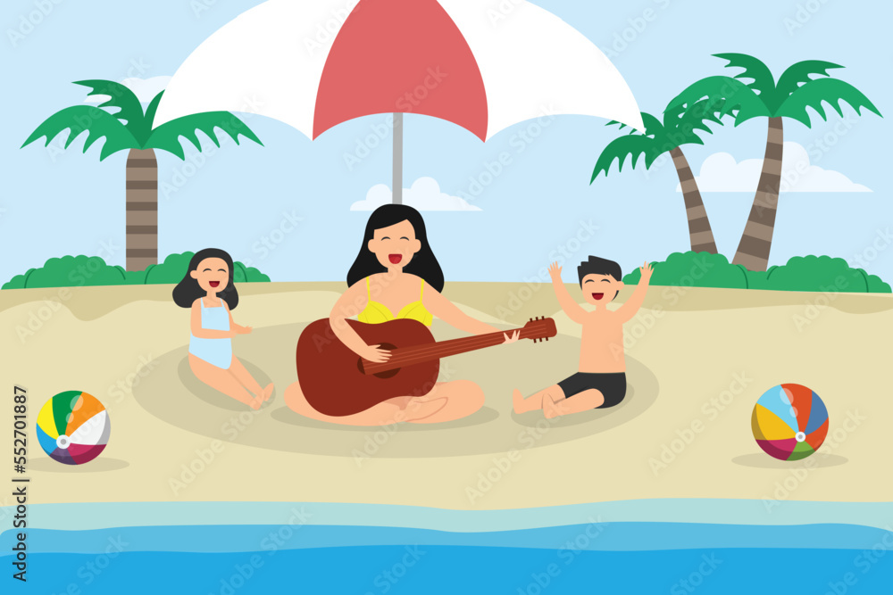 mother playing guitar with her daughter and son while enjoying quality time in the beach