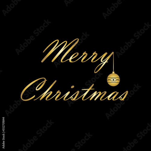 Golden lettering Merry Christmas with Christmas thee toy on the black background. Gradient inscription. Vector illustration. EPS 10