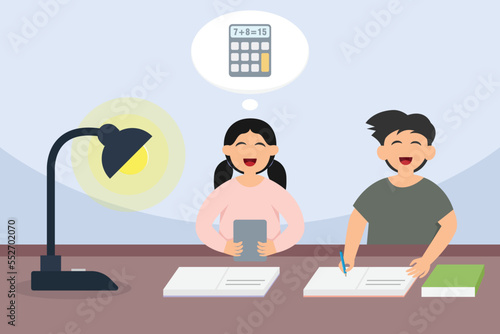 Kids studying math with a calculator