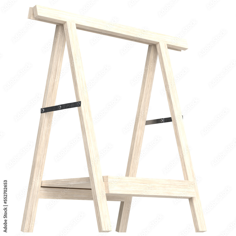 3D rendering illustration of a wooden trestle support with a bottom shelf 3D rendering illustration of a wooden trestle support with a bottom shelf