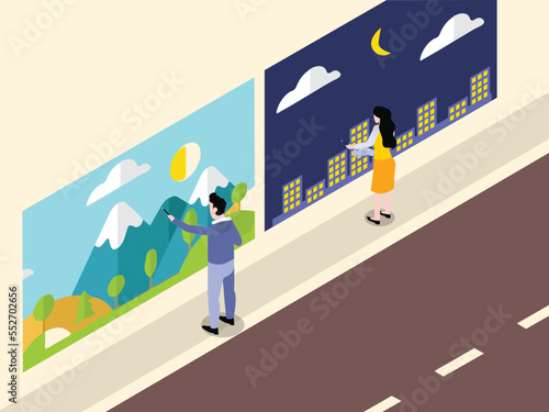 Street artist painting on the street wall