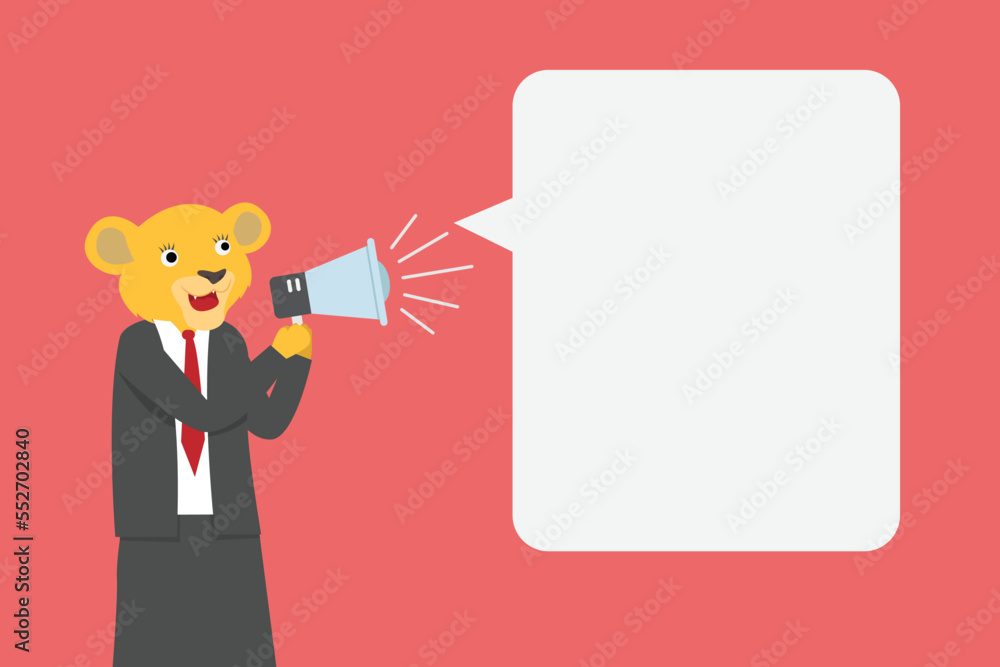 Businesswoman with lion head shouting at copy space Businesswoman with lion head shouting at copy space