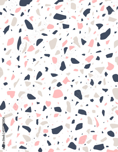 Terrazzo flooring template. Style vector pattern of marble rock stone texture on the white background. Perfect element for floor, fabrics and walls in interior or for print