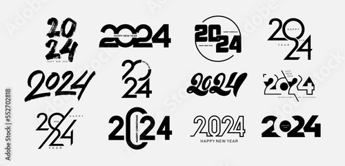 2024 Happy New Year logo text design. Set of 2024 number design template. Christmas symbols 2024 Happy New Year. Vector illustration with black labels logo for diaries  notebooks  calendars.