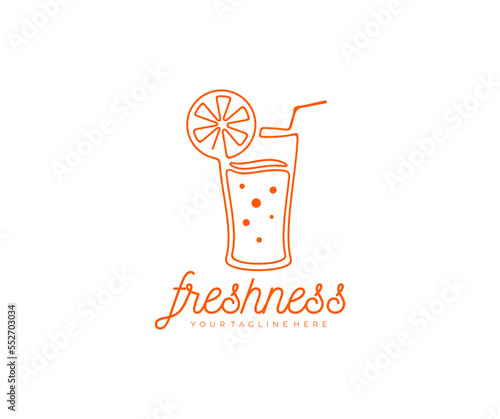 Glass with juice, straws and a slice of citrus, logo design. Drink, drinking, beverage, food, fruit and vegetables, vector design and illustration