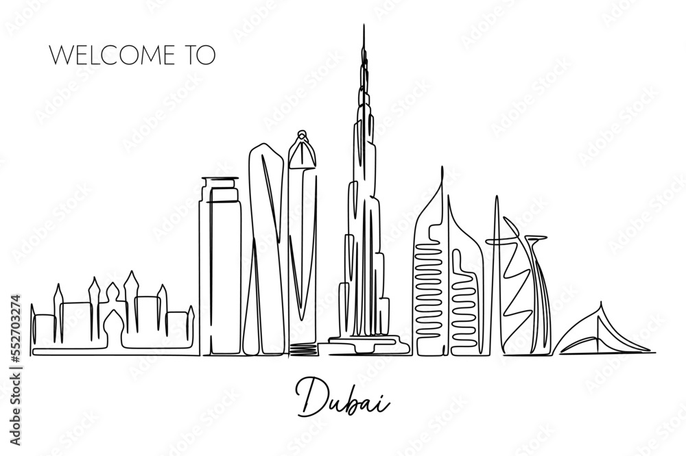 Welcome to Dubai Copy with One continuous line drawing of Dubai city skyline. World Famous tourism destination. Simple hand drawn style design for travel and tourism promotion campaign