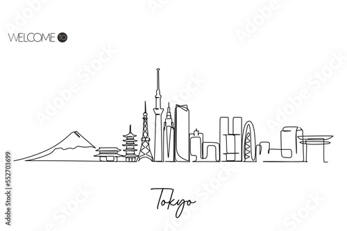Continuous line drawing of Tokyo city skyline Japan. World Famous tourism destination. Simple hand drawn style design for travel and tourism promotion campaign