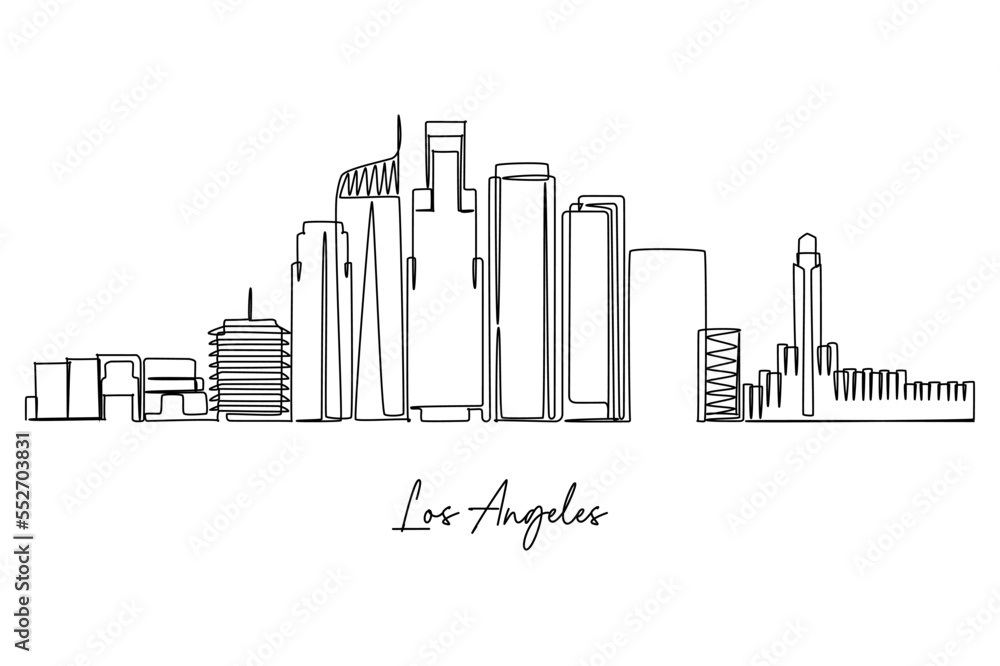 one continuous line drawing of Los Angeles city skyline. World Famous tourism destination. Simple hand drawn style design for travel and tourism promotion campaign